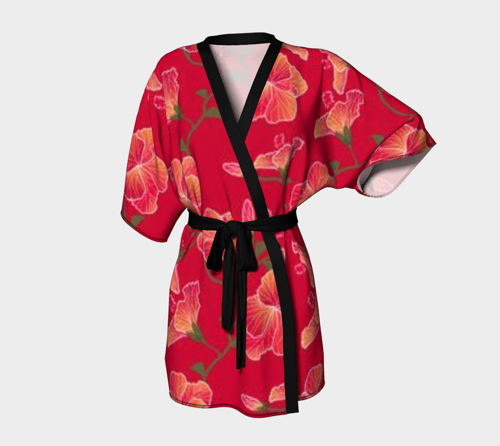 Crimson Hibiscus Silky Knit Short Robe